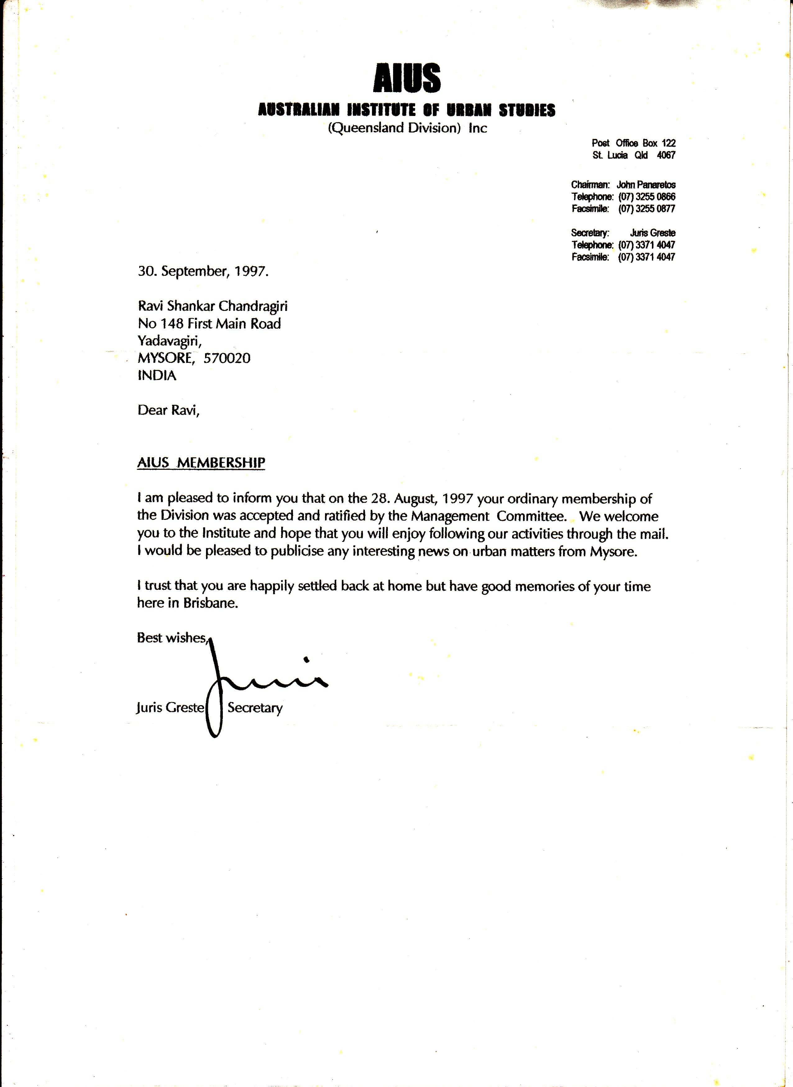Membership Confirmation of Australian Institute of Urban Studies.