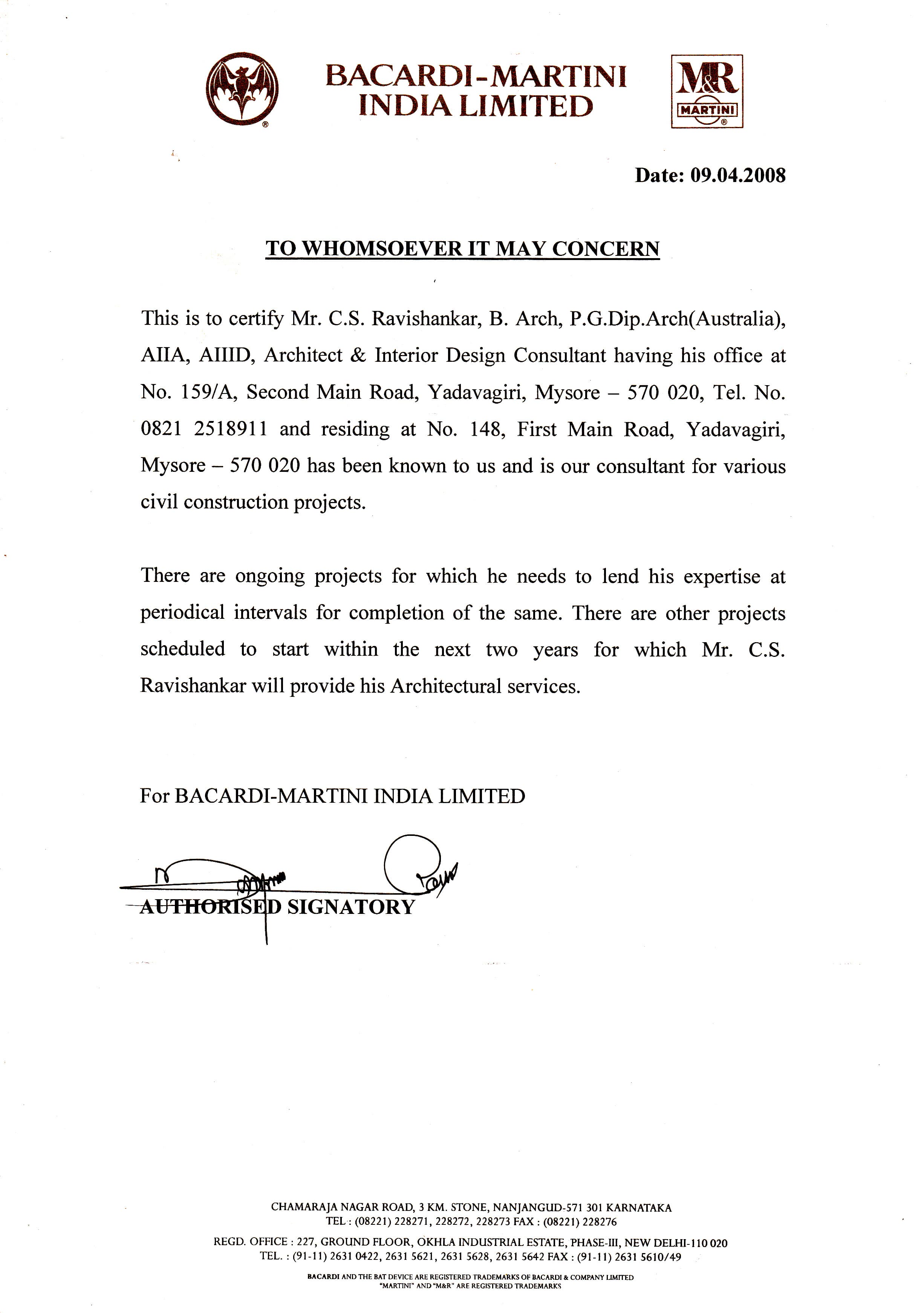  Letter from Bacardi Martini IndIa Limited