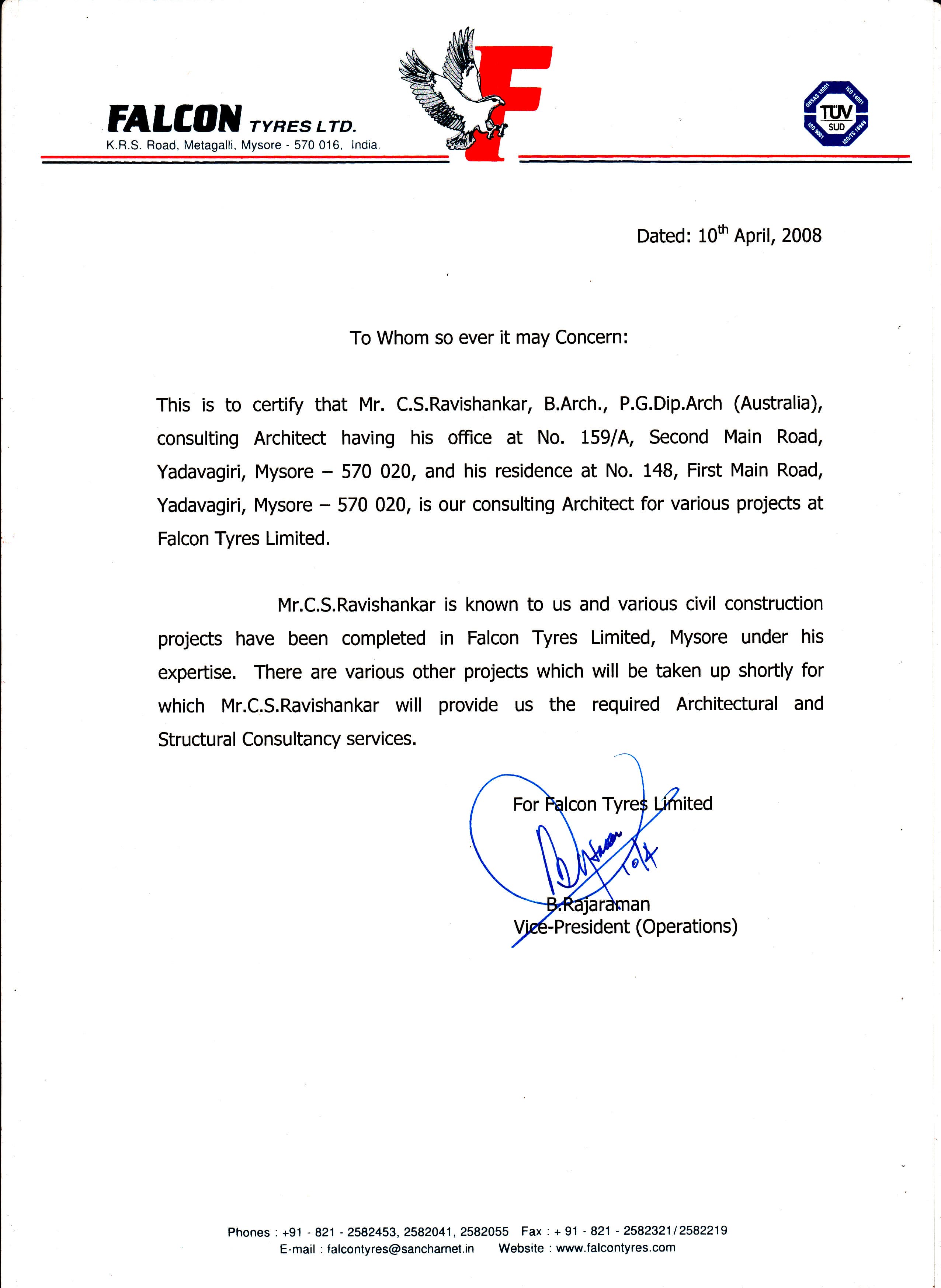 Letter from Falcon Tyres Limited.