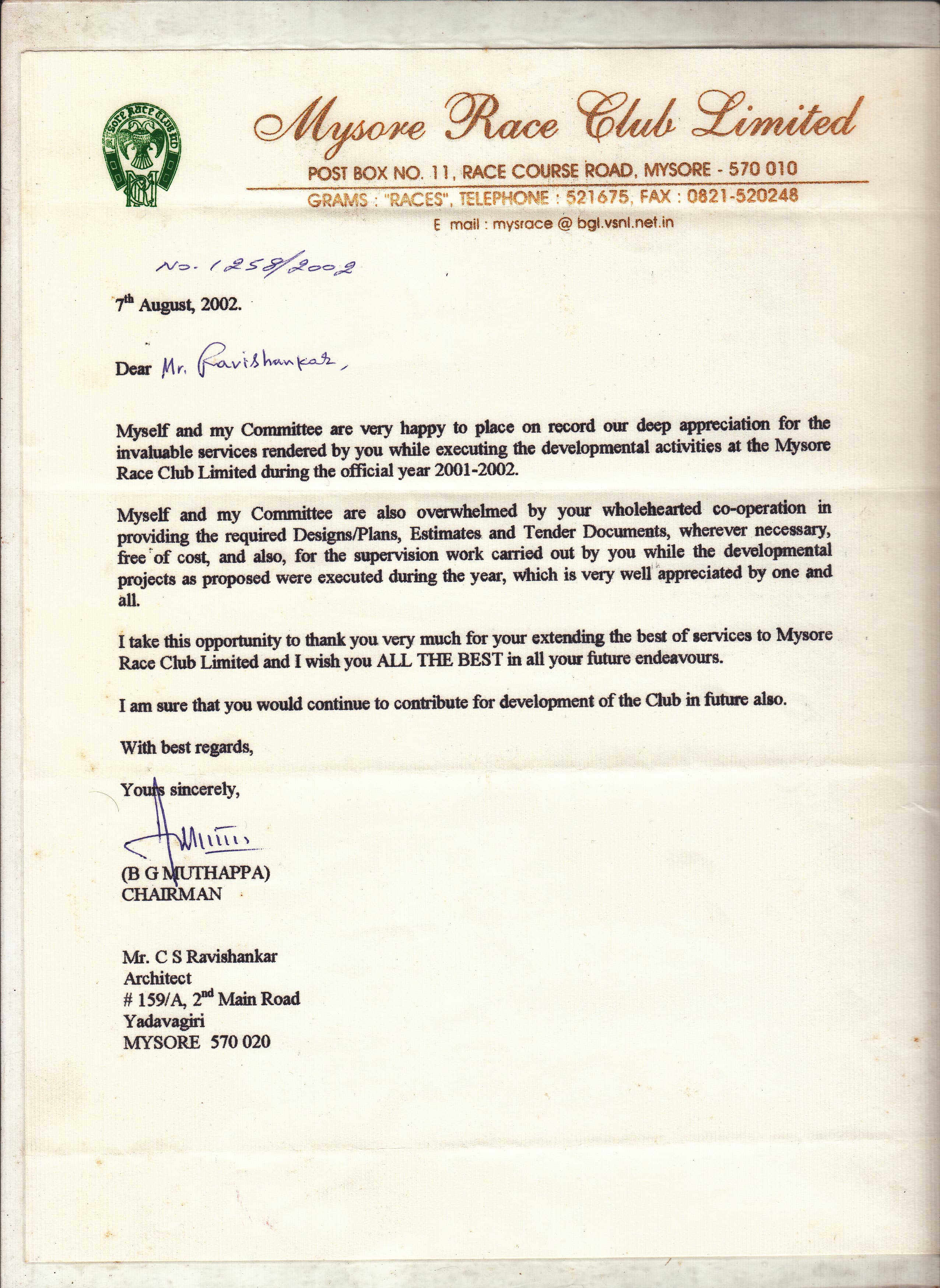 Letter from Mysore Race Club Limited.