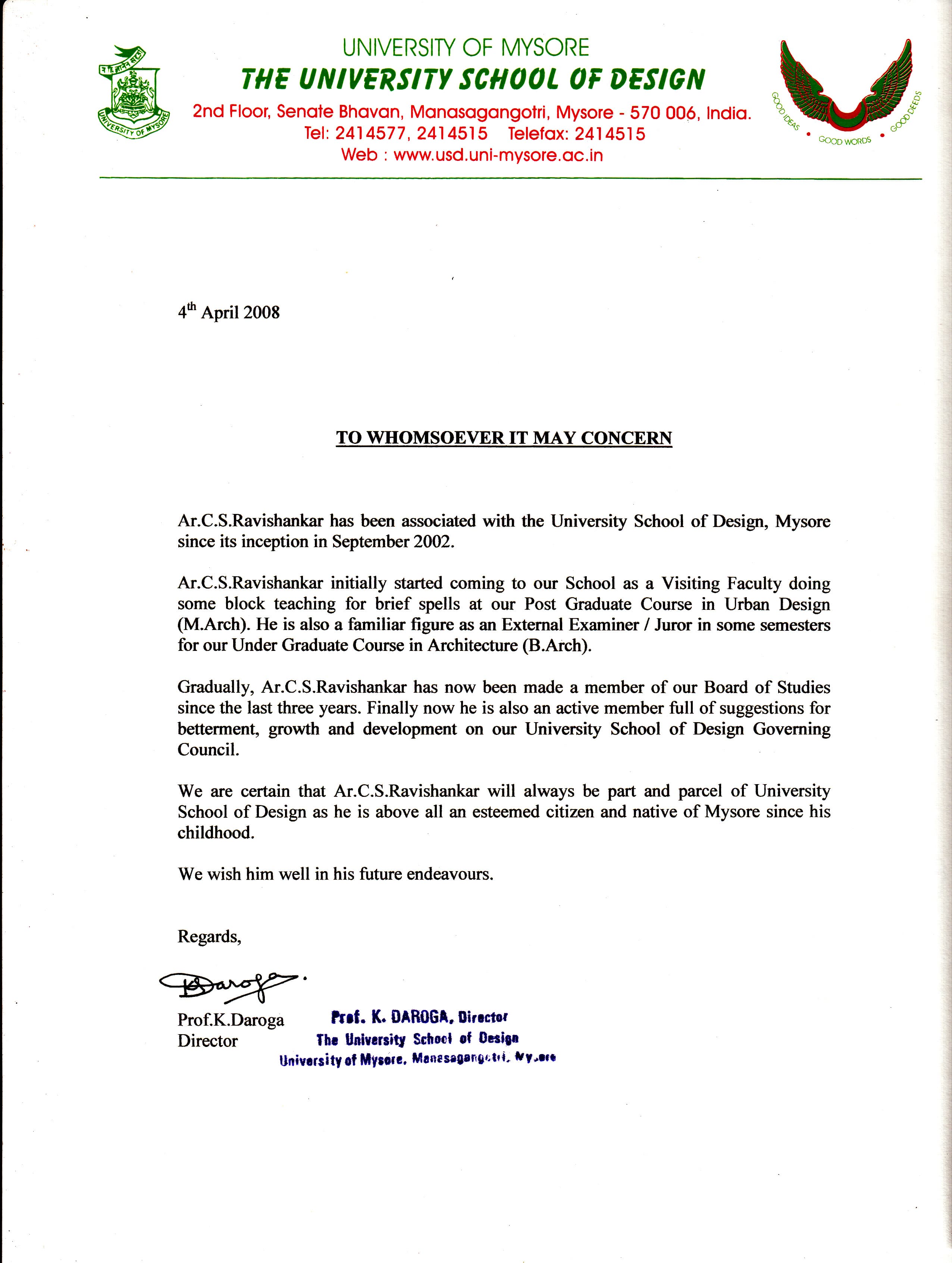 Letter from University School of Design.